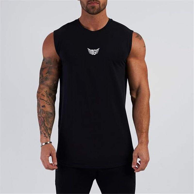 Men wearing premium compression gym tank tops in black and white, lightweight breathable fabric with mesh panels for fitness workouts