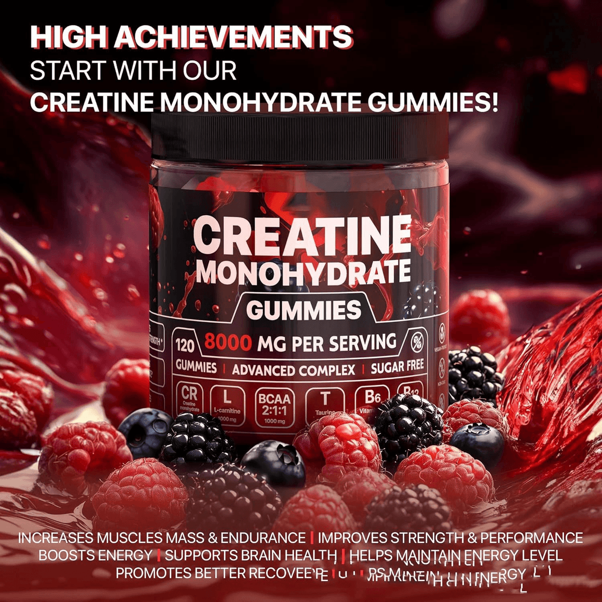 Muscle boost gummies for fitness Creatine monohydrate gummies packaging highlighting fitness benefits and ingredients.