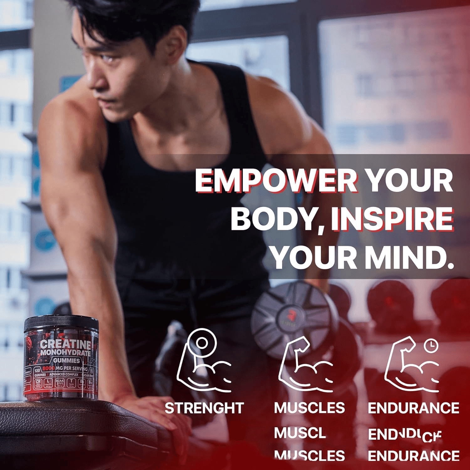 Muscle boost gummies for fitness beside a fitness enthusiast promoting strength and endurance.
