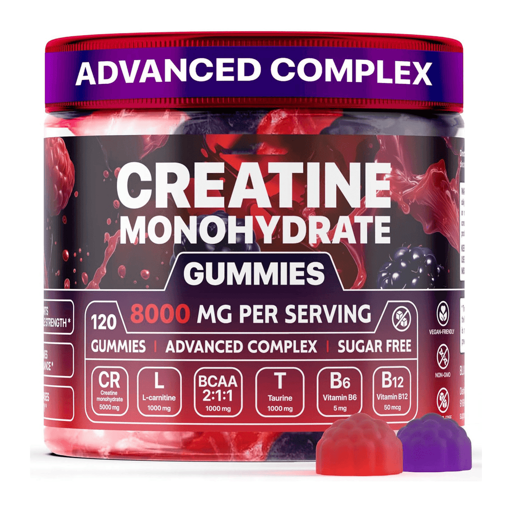 Muscle boost gummies for fitness in a container with creatine monohydrate, advanced complex, and sugar-free label.