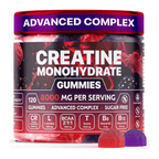Muscle boost gummies for fitness in a container with creatine monohydrate, advanced complex, and sugar-free label.
