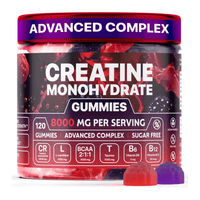 Muscle boost gummies for fitness in a container with creatine monohydrate, advanced complex, and sugar-free label.