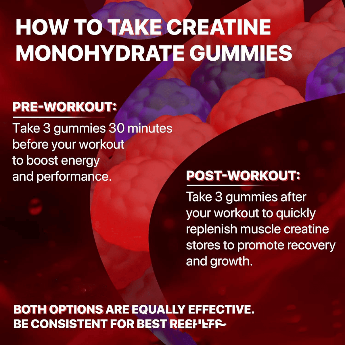 Muscle boost gummies for fitness to take creatine monohydrate gummies with pre-workout and post-workout instructions.
