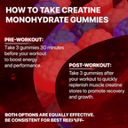 Muscle boost gummies for fitness to take creatine monohydrate gummies with pre-workout and post-workout instructions.