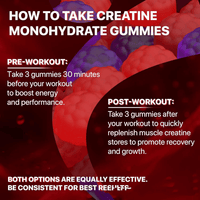 Muscle boost gummies for fitness to take creatine monohydrate gummies with pre-workout and post-workout instructions.