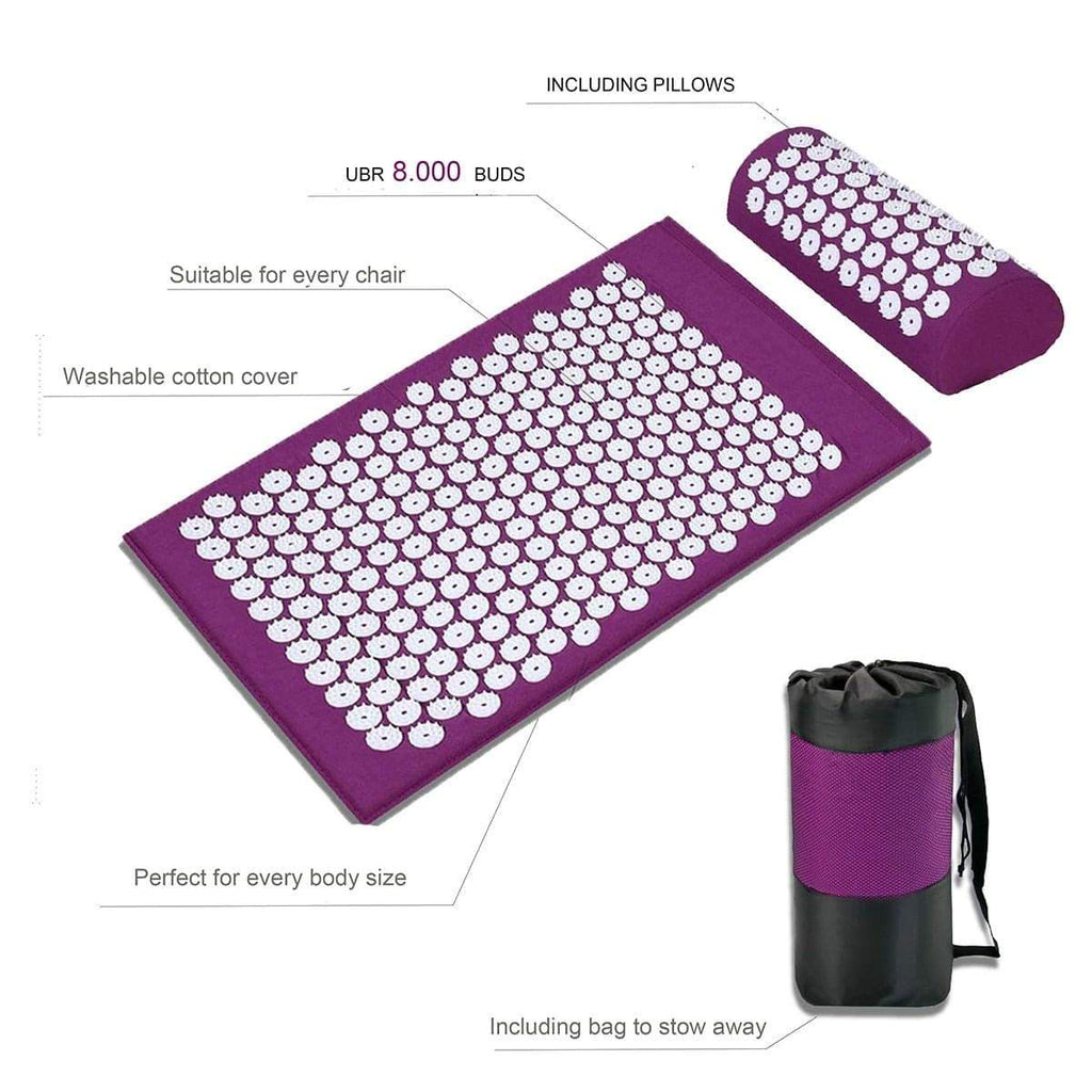 8,000-point acupressure recovery system with mat and pillow for muscle recovery and relaxation.