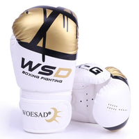 ForgeElite Premium Adults Kick Boxing Gloves for Training in stylish gold and white design, ideal for fighters.