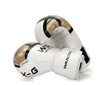 ForgeElite Premium Adults Kick Boxing Gloves for Training in stylish gold and white design, ideal for fighters. 5