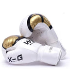 ForgeElite Premium Adults Kick Boxing Gloves for Training in stylish gold and white design, ideal for fighters. 9