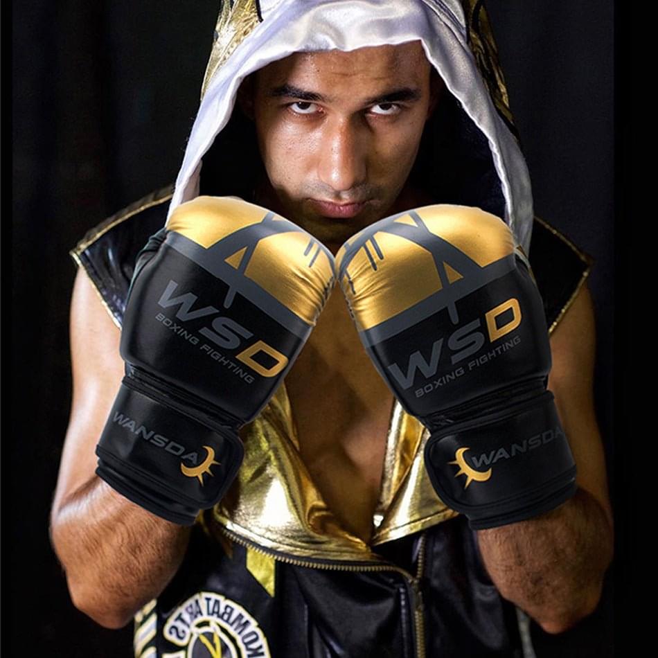 ForgeElite Premium Adults Kick Boxing Gloves for Training in stylish gold and white design, ideal for fighters. 2