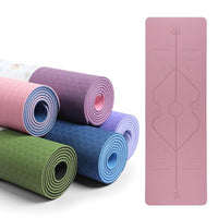 Eco-friendly body aligning yoga mat with non-slip surface and alignment markings in multiple colors