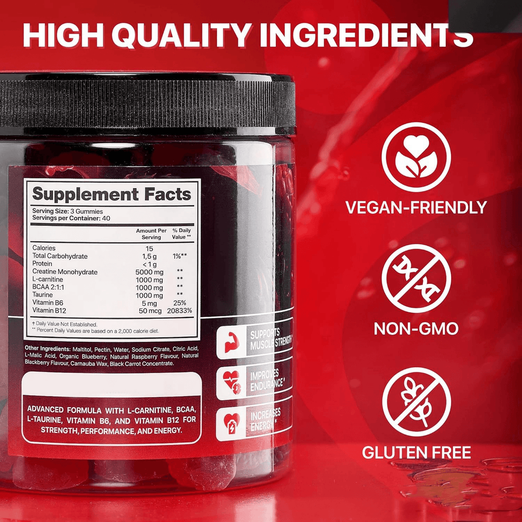Muscle boost gummies for fitness with high-quality ingredients and supplement facts.