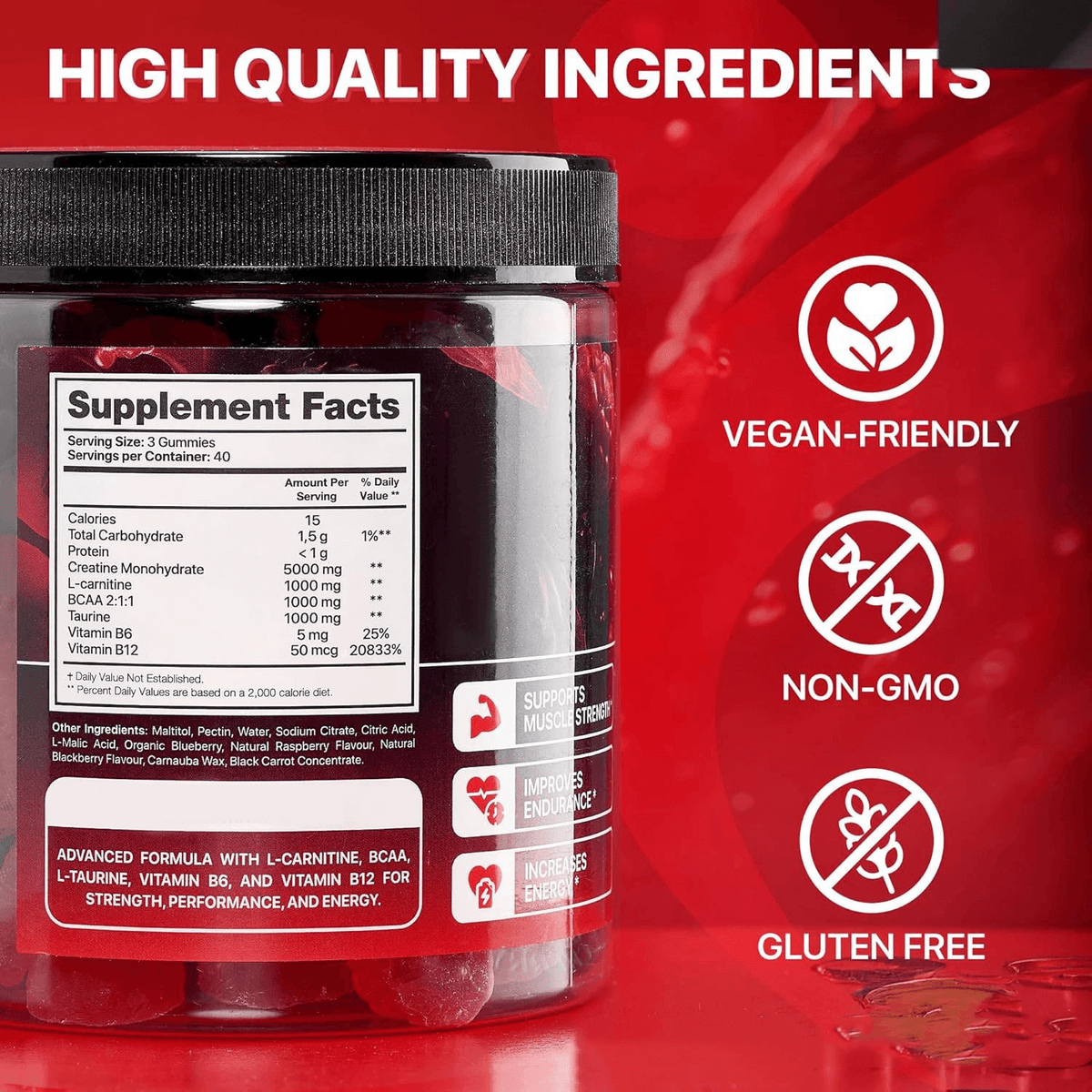 Muscle boost gummies for fitness with high-quality ingredients and supplement facts.