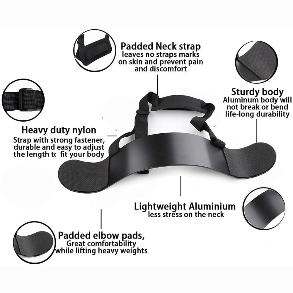 ForgeElite Heavy-Duty Bodybuilding Arm Blaster features heavy duty nylon, padded neck strap, sturdy aluminum body, and padded elbow pads.
