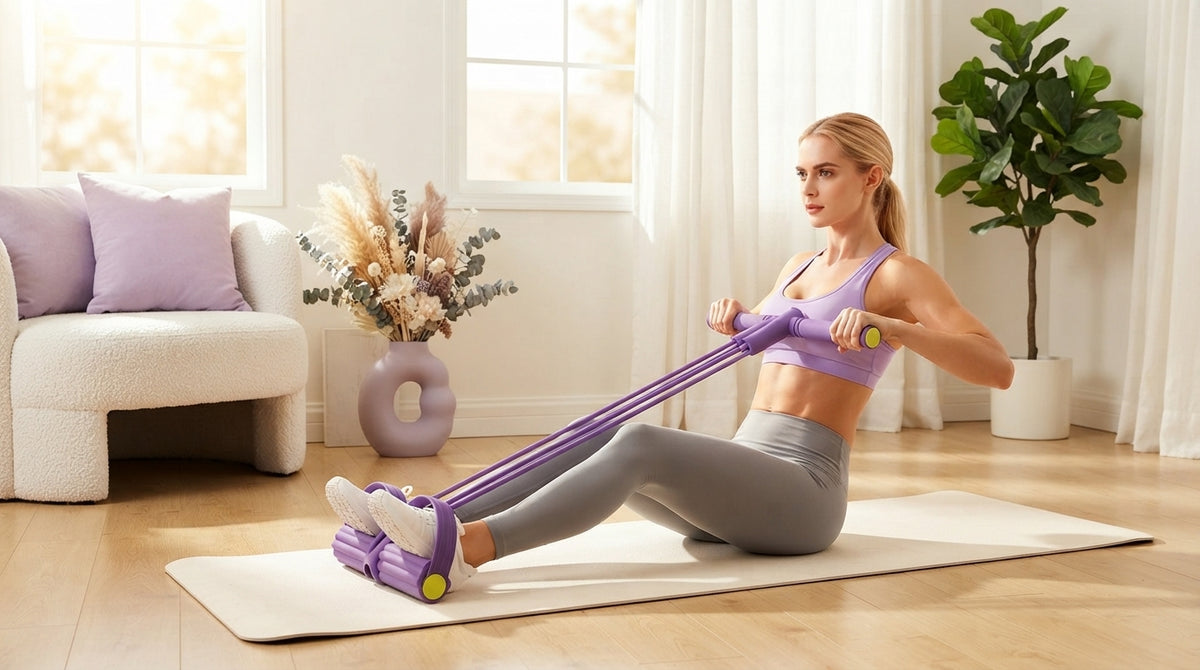 A woman using a Multi-Tube Elastic Pedal Resistance Exerciser in a bright, modern living room with lavender and lilac decor.