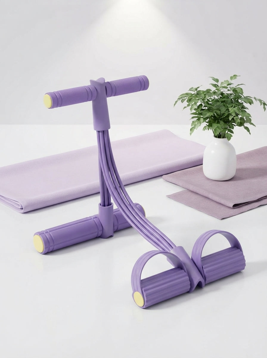 A multi-tube elastic pedal resistance exerciser with six latex tubes arranged on a white surface with lavender and lilac acce