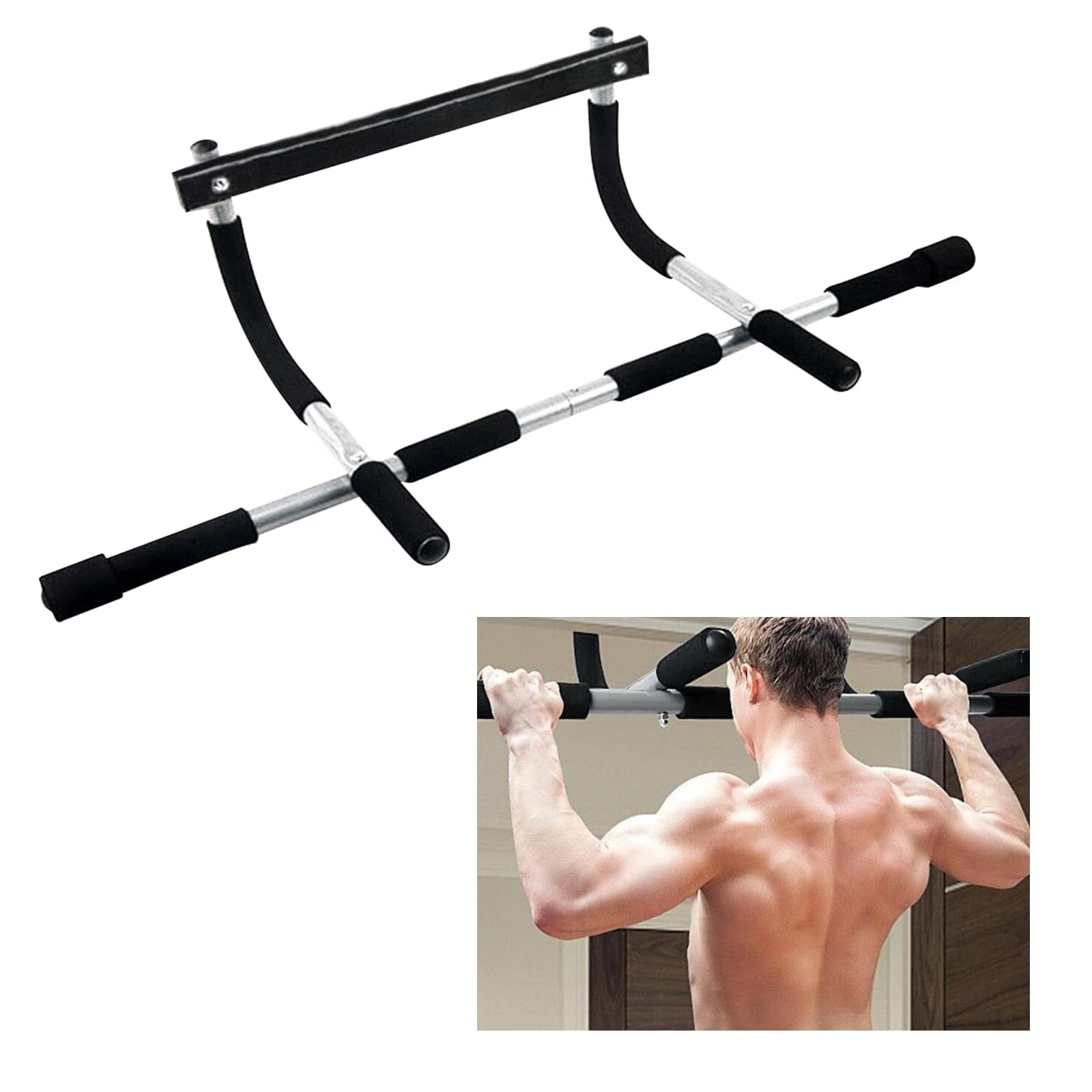Black steel and sponge Horizontal Push Up Bar mounted in doorway for multi-exercise upper body training