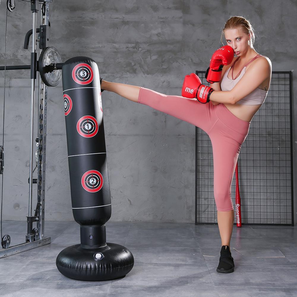 160cm tall inflatable boxing bag for Muay Thai training with thickened base and pressure-relief bounce back design  