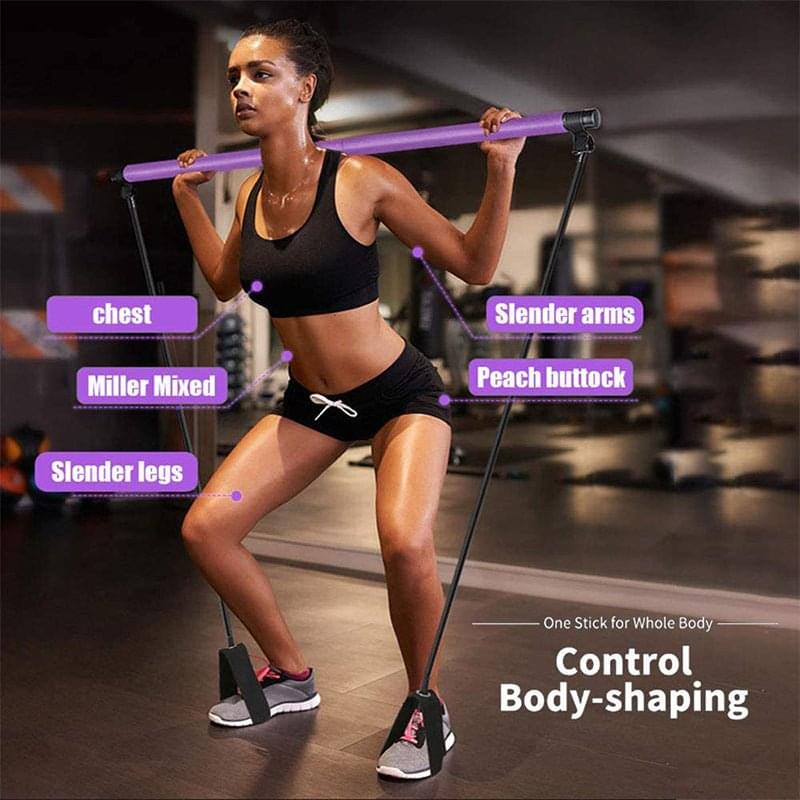 Pilates exercise stick with resistance bands and nylon foot loops for full-body toning and stretching workout