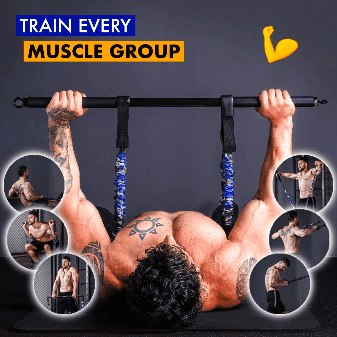 Portable FlexPress strength training set with bench press and resistance band for home muscle building