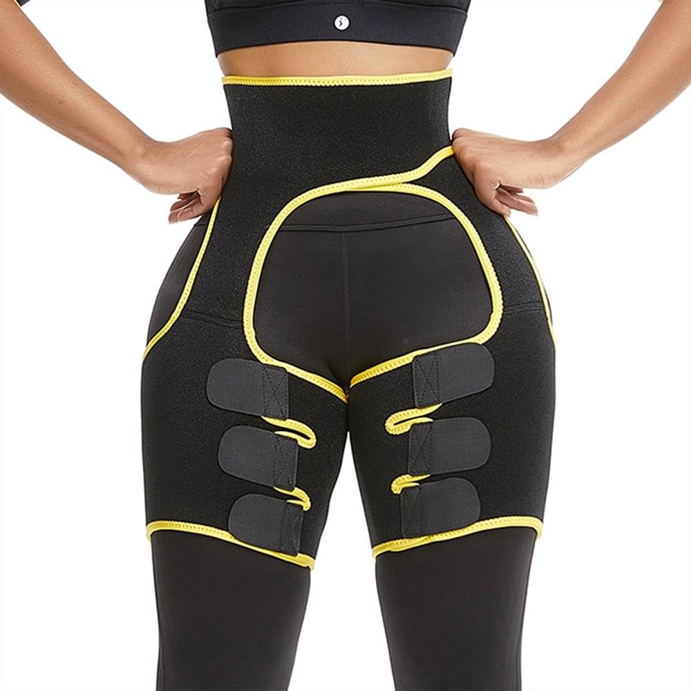 Waist trainer thigh trimmer made of thick neoprene with adjustable straps for slimming waist and thighs during workouts